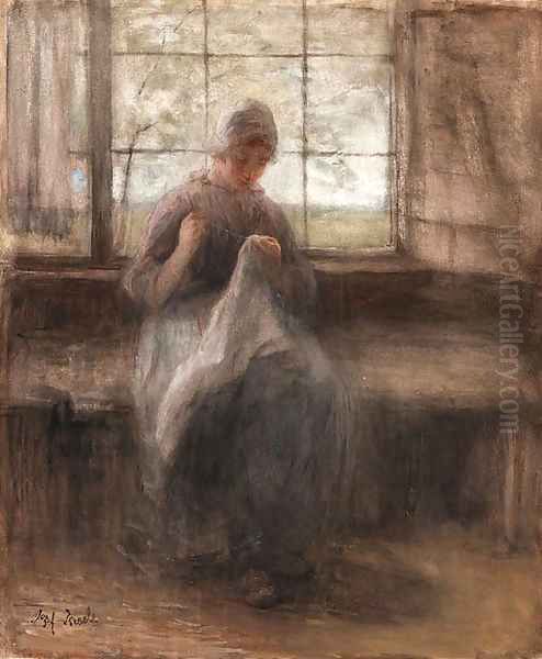 Girl sewing by a window Oil Painting by Jozef Israels