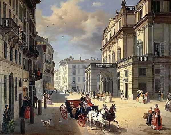 Front of La Scala Theatre Oil Painting by Angelo Inganni