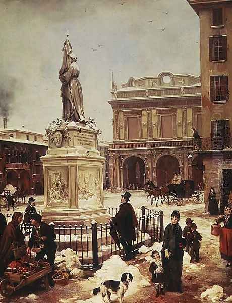 Piazza della Loggia under Snow Oil Painting by Angelo Inganni