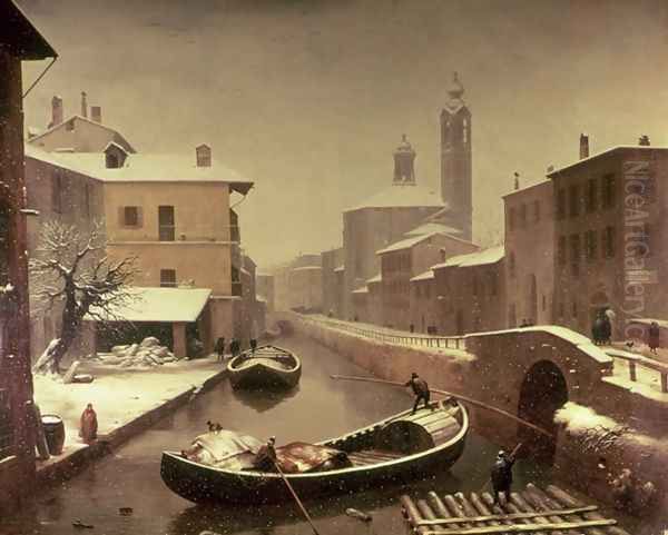 Boat under the Snow Oil Painting by Angelo Inganni