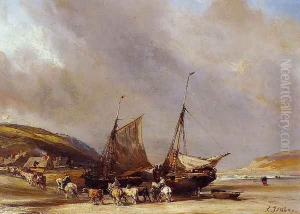 Riders on the Beach with Ship Oil Painting by Eugene Isabey