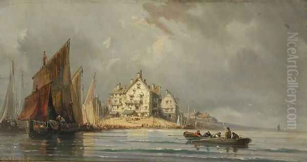 Coastal Landscape with Boats and Constructions Oil Painting by Eugene Isabey