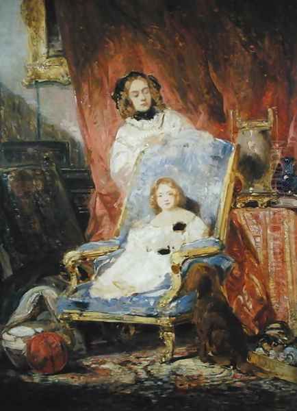 Madame Eugene Isabey and her Daughter Oil Painting by Eugene Isabey