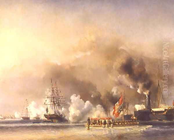 King Louis Philippe 1830-48 Escorting Queen Victoria 1819-1901 Aboard the Royal Yacht Victoria and Albert at Treport Oil Painting by Eugene Isabey