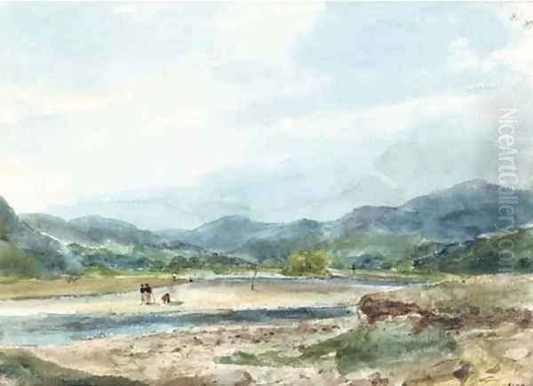 A hilly landscape with figures near a river Oil Painting by Eugene Isabey