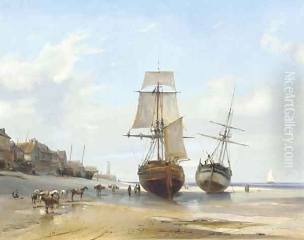 Bateaux echoues (Honfleur, Low Tide) Oil Painting by Eugene Isabey