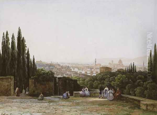 View of Florence from the Boboli Gardens with the Ponte Vecchio and the Palazzo Vecchio, and the dome of Santa Maria del Fiore Oil Painting by Eugene Isabey