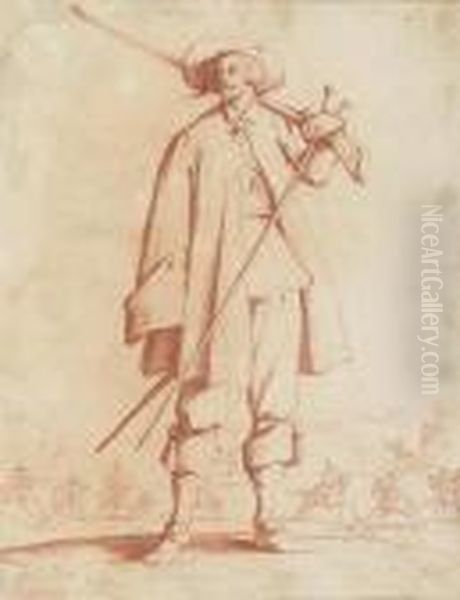 Standing Foot Soldier With Long Gun, Cavalry Battle Inbackground. Oil Painting by Jacques Callot