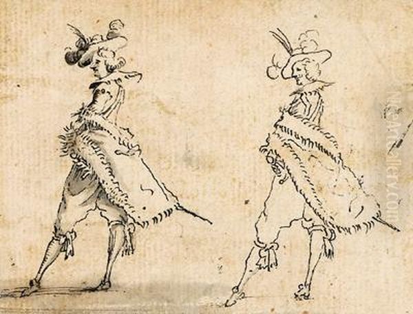 Seguace/nachfolger Studio Doppio Di Uomo In Cappotto E Cappello Con Piume Oil Painting by Jacques Callot