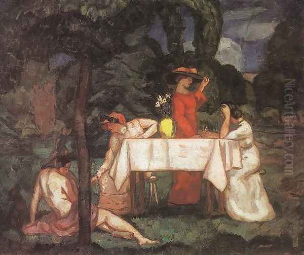 The Tea Party In the garden 1910s Oil Painting by Bela Ivanyi Grunwald