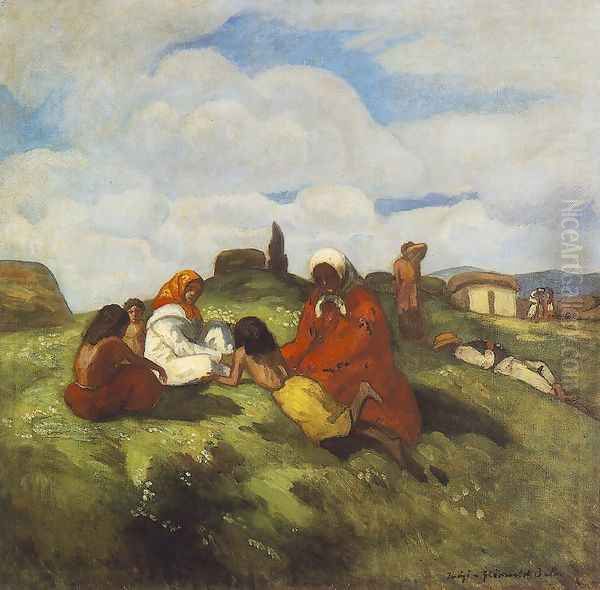 Gipsies on the Field c. 1905 Oil Painting by Bela Ivanyi Grunwald