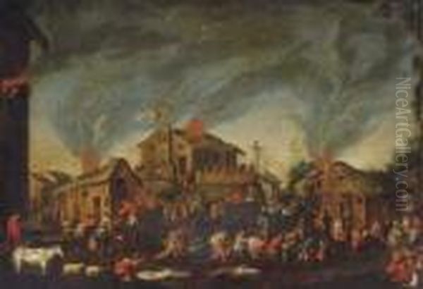 A Village Burning With Numerous Figures Escaping In The Foreground Oil Painting by Jacques Callot