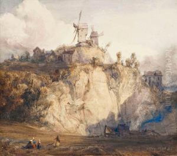 Figures In A Field Below A Continental Hilltop Village With Two Windmills Oil Painting by William Callow