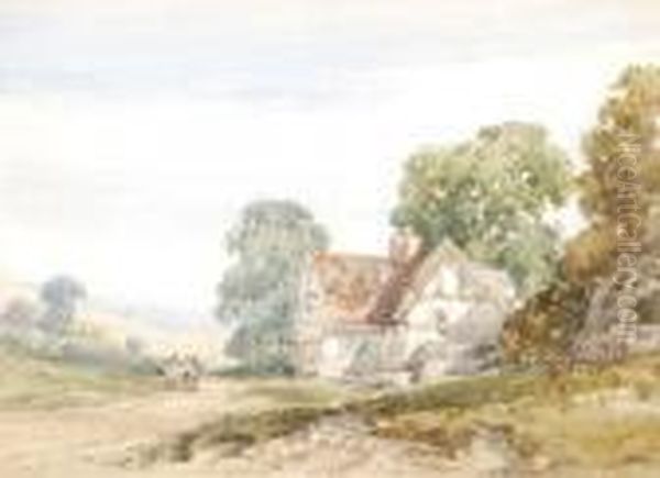 Figures By A Thatched Cottage In A Landscape Oil Painting by William Callow