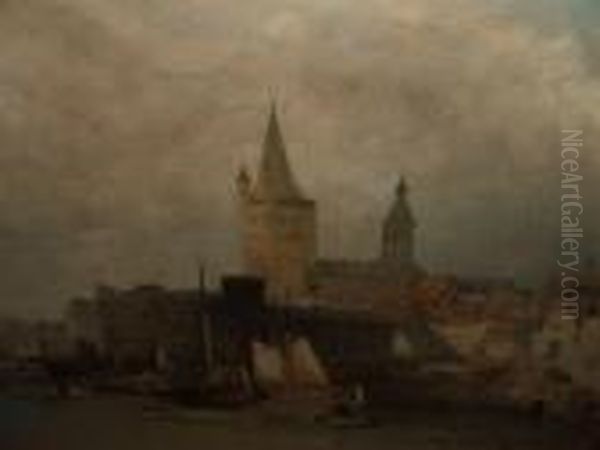 A Continental Riverside Town Oil Painting by William Callow