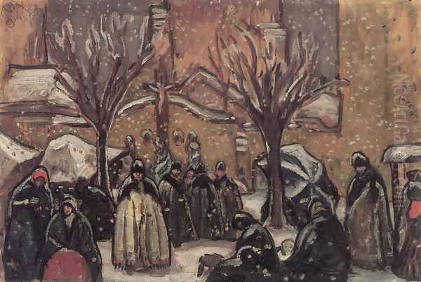 Market of Kecskemet in Winter 1911 Oil Painting by Bela Ivanyi Grunwald