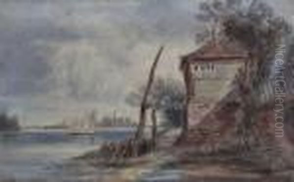 River Landscape With Cottageto Bank Oil Painting by William Callow