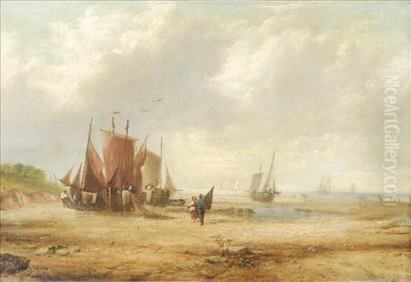 Beached Boats Atlow Tide Oil Painting by William Callow