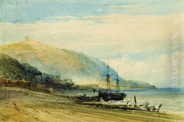 Fishing Boat On The Beach At Low Tide Oil Painting by William Callow