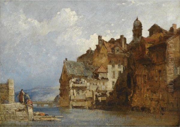 View Of Old Houses On The Rhone, Geneva Oil Painting by William Callow