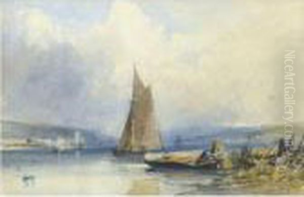 A Fisherman On The Shores Of A River, With A Boat And Townbeyond Oil Painting by William Callow