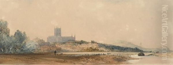 Tewkesbury Abbey From Severn Ham Oil Painting by William Callow