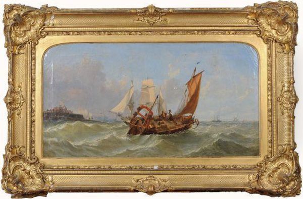 Fishing Boat Off The South Coast With Other Shipping Oil Painting by William Callow