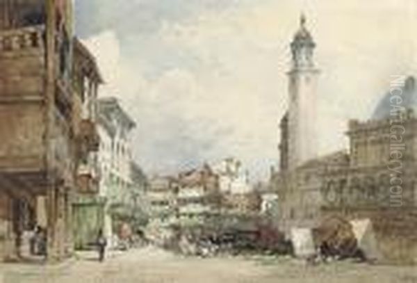 The Market Square And Palazzo Regione, Padua, Italy Oil Painting by William Callow