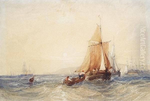 Fishing Boats Off A Coast At Sunset Oil Painting by William Callow