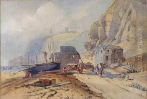 Fishermens Huts And Figures - Hastings Oil Painting by William Callow