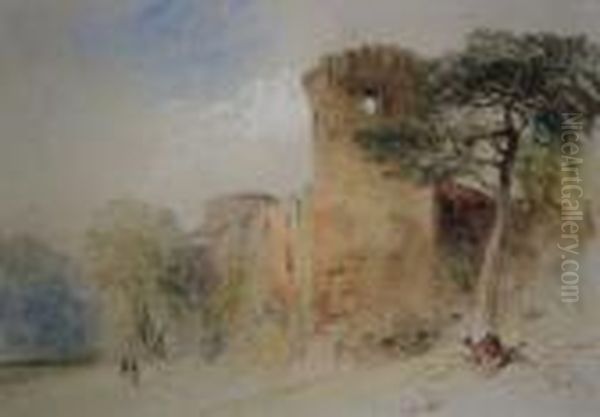 Figures By A Ruined Castle; Watercolour Oil Painting by William Callow