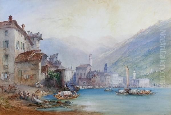 View Of The Town And Lake Lugano Oil Painting by William Callow