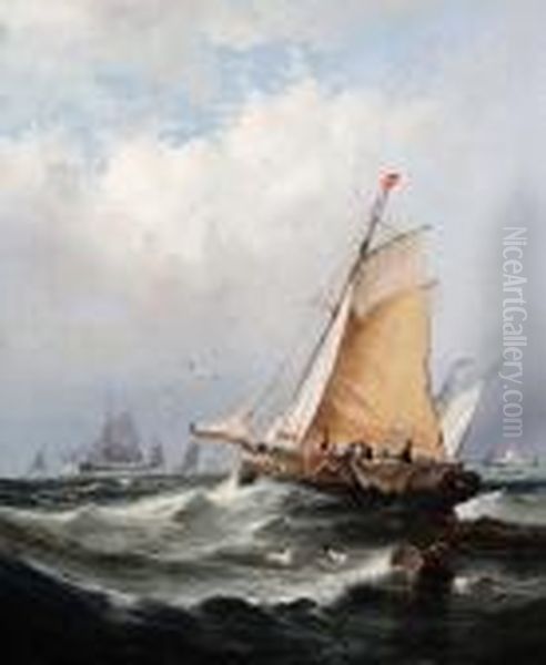 Fishing Boats On A Breezy Day, A Pair Oil Painting by William Callow