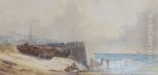 Figure And Fishing Boats On The Beach Oil Painting by William Callow