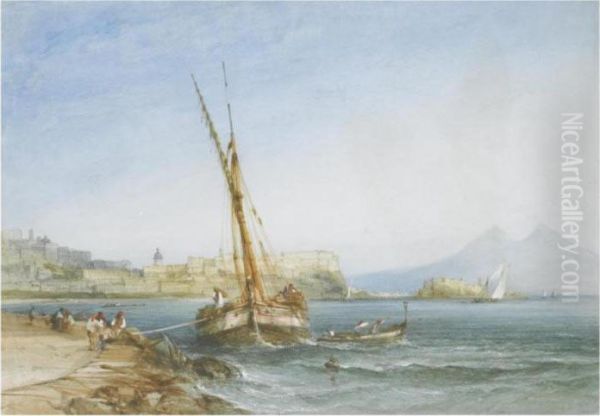 Boats In The Harbour, Naples Oil Painting by William Callow