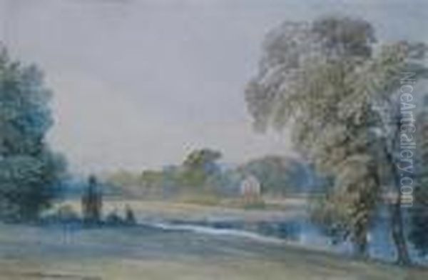 Figures By A Lake With A Cottage Beyond Oil Painting by William Callow