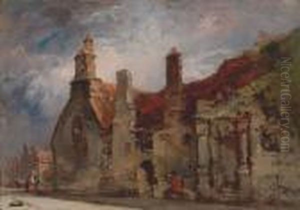 Figures Outside An Old Church - Possibly Wilton Oil Painting by William Callow