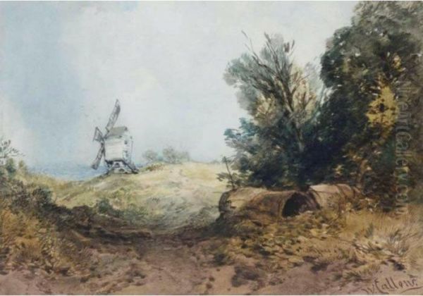 Windmill In A Hilly Landscape Oil Painting by William Callow