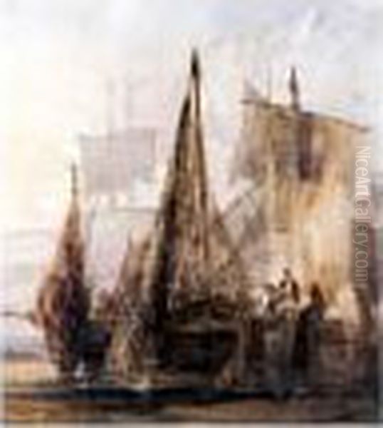 Boats Moored At A Dock Oil Painting by William Callow