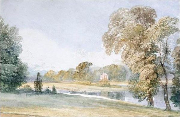 Figures By A Lake, A Cottage Beyond Oil Painting by William Callow