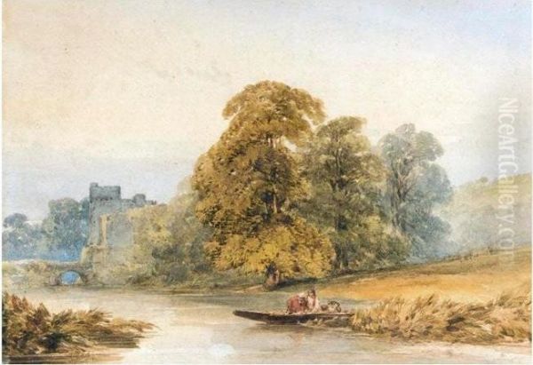 Fishermen On A River Near A Bridge By A Ruined Castle Oil Painting by William Callow