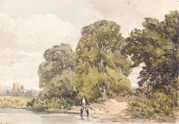 Fisherman On A River With Woodland And A Church In The Background Oil Painting by William Callow