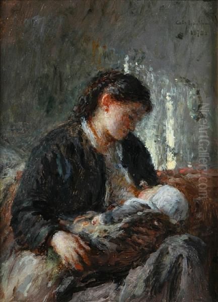 A Mother And Child Oil Painting by Adolphe Felix Cals