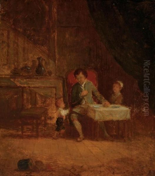 Un Pere Avec Ses Deux Enfants Dans Un Interieur Oil Painting by Adolphe Felix Cals