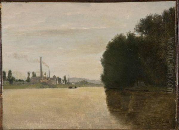 Vue D'un Fleuve Borde D'une Manufacture Oil Painting by Adolphe Felix Cals