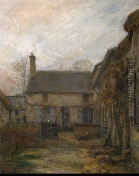 Cour De Ferme A Honfleur Oil Painting by Adolphe Felix Cals