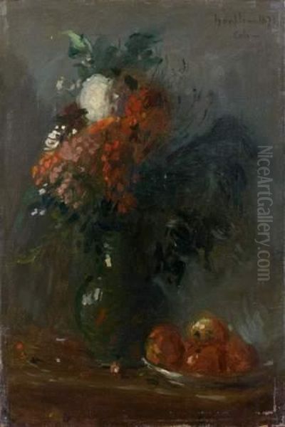 Nature Morte Aux Fleurs Et Aux Pommes Oil Painting by Adolphe Felix Cals