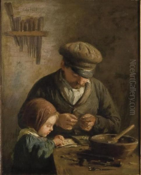 Le Raccomodeur De Porte-monnaie Oil Painting by Adolphe Felix Cals