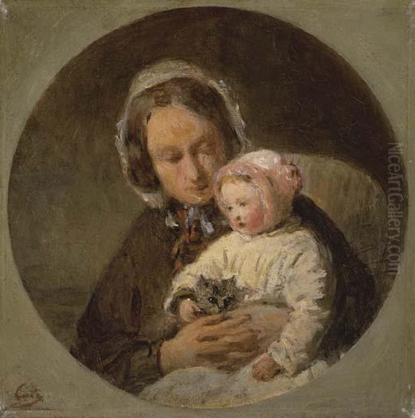 Mere Avec Son Enfant Et Un Chat Oil Painting by Adolphe Felix Cals