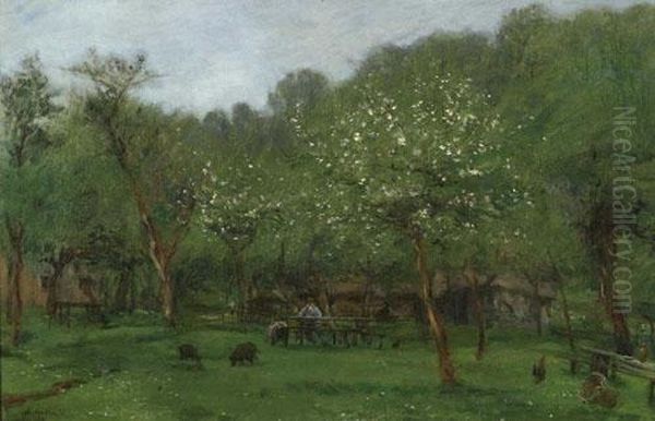 Trees In Blossom In Honfleur. 1873. Oil Painting by Adolphe Felix Cals